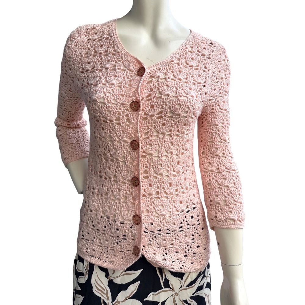 Vintage Pink Crochet Cardigan Handmade Coquette Fairycore Bohemian Soft Girl S
